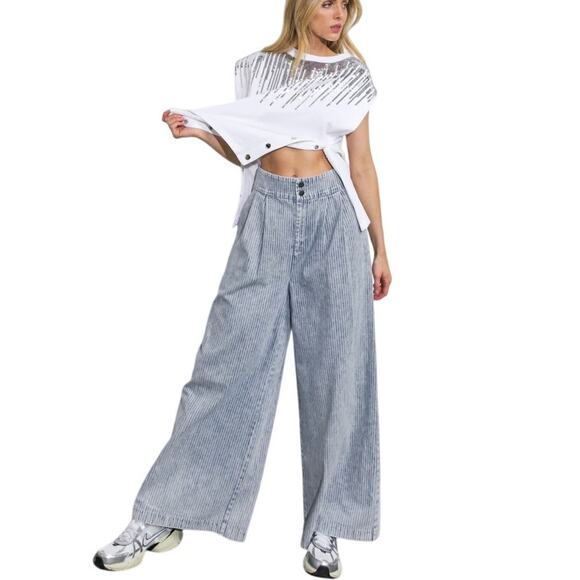 Play My Way Super Wide Leg Pleated Denim Jeans Pants Acid Wash Stripe NWT sz LG - Picture 4 of 11